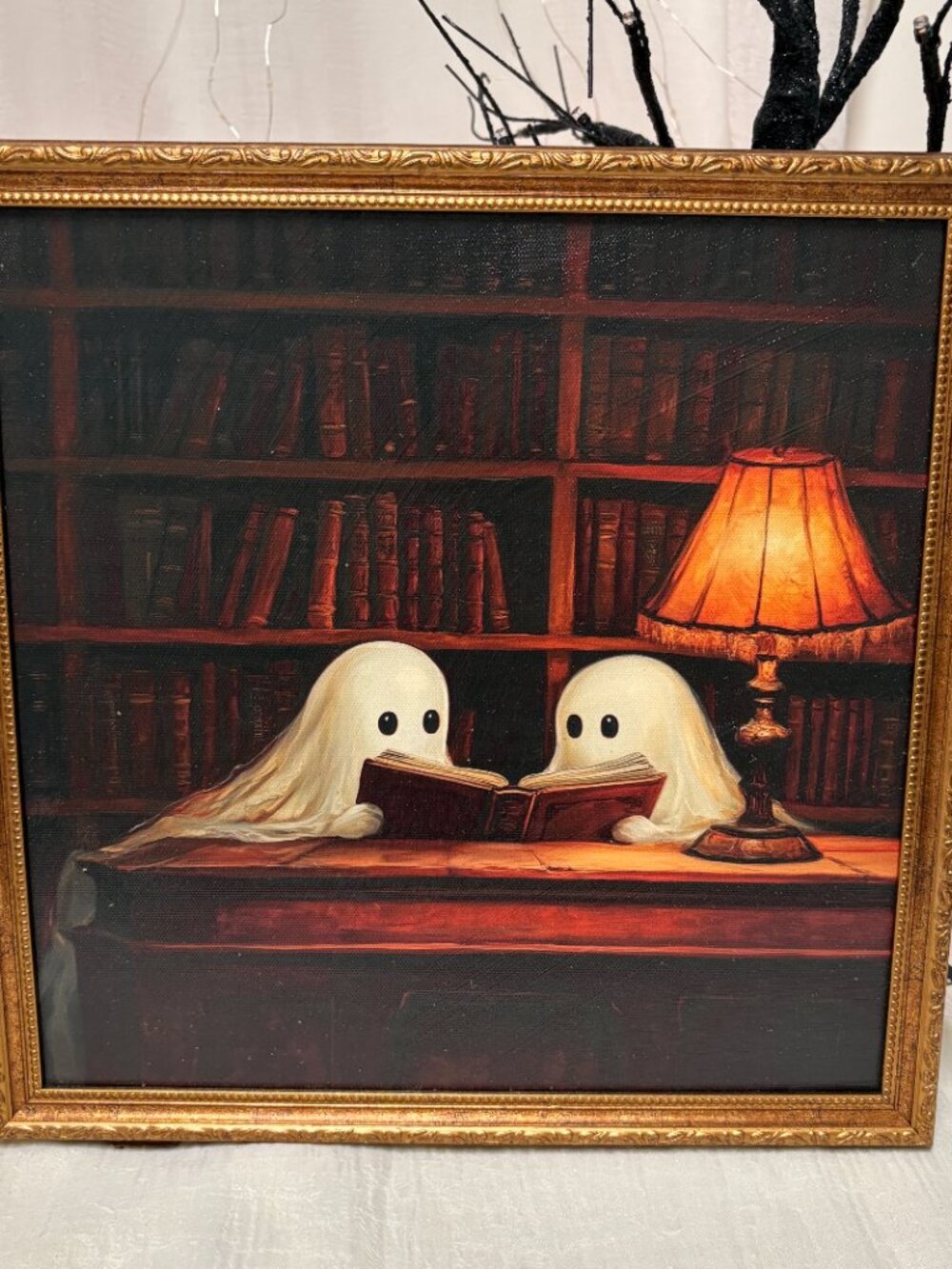 Halloween Gold Vintage Framed Canvas Ghosts in Library Wall Art 12x12 New Rare